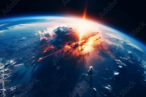 Flash of radiation after a nuclear explosion seen from space. The concept of thermonuclear war. AI generated