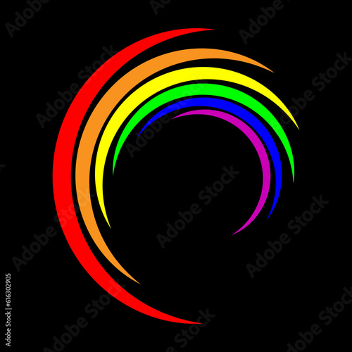 Radial curvy stripes in rainbow colors. LGBTQ pride flag. Segmented circle. Geometric art. Trendy design element for border frame, round logo, tattoo, sign, symbol, badge, emblem, web, social media