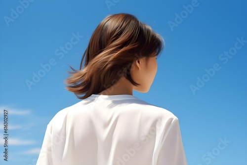 Tシャツを着た女性の後ろ姿　with generative ai