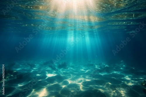 Transparent water, underwater sea background. Mockup or backdrop with sunbeams under water. AI generated, human enhanced