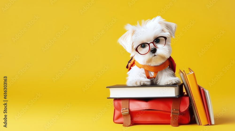 Education and reading concept - group of books with cute puppy. celebrating a new school year. back-to-school.. back-to-school. generative ai