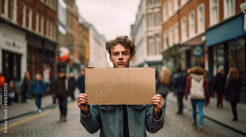 Young man holding a cardboard sign in the street.