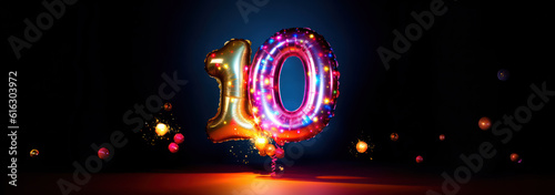 10th birthday or anniversary balloons and confetti decoration for surprise parties event setup as wide banner with copy space area - Generative AI photo