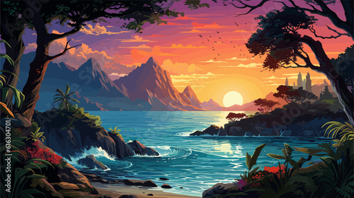 Sunset or summer sunrise over the sea. Calm waves. Bright warm colors. Morning or evening. The beauty of the sea. Seascape, work of art. Vector illustration design