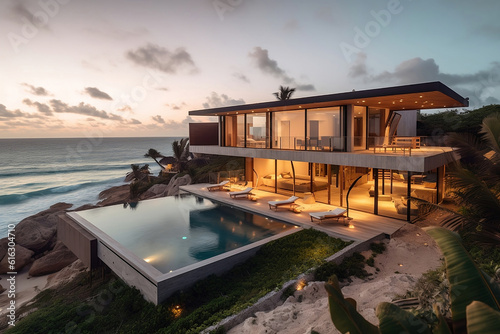 stunning beachfront property on a picturesque shoreline, rocky terrain, tall trees, and outdoor chairs © JesusCarreon