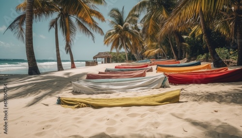 Blankets and Towels on the Beach with Palm Trees © Cloudspit