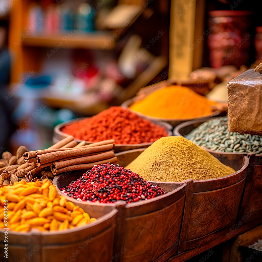 Naklejka premium Spice shop in the eastern (oriental) market. Spices are poured into bowls and placed on the counter. AI
