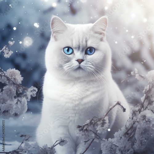 White British Shorthair cat in snow © Tasha