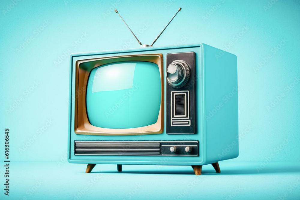 Vintage TV with large domed screen on a bright blue background. Nostalgia, retro items from the 70s and 80s