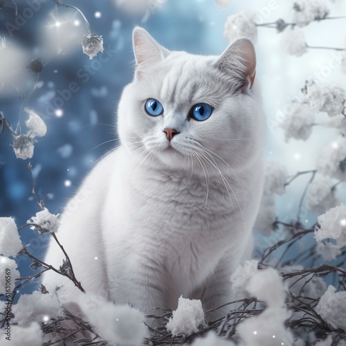 White British Shorthair cat in snow © Tasha