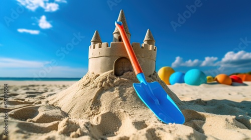 Simple sand castle with bucket and shovel photo