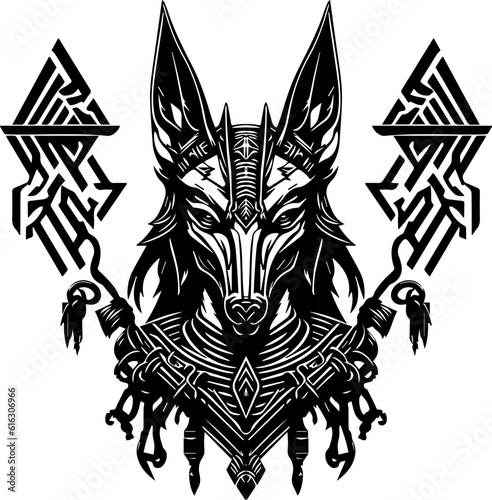 Ethnic symbol of a wolf head with abstract ornament isolated on a white background