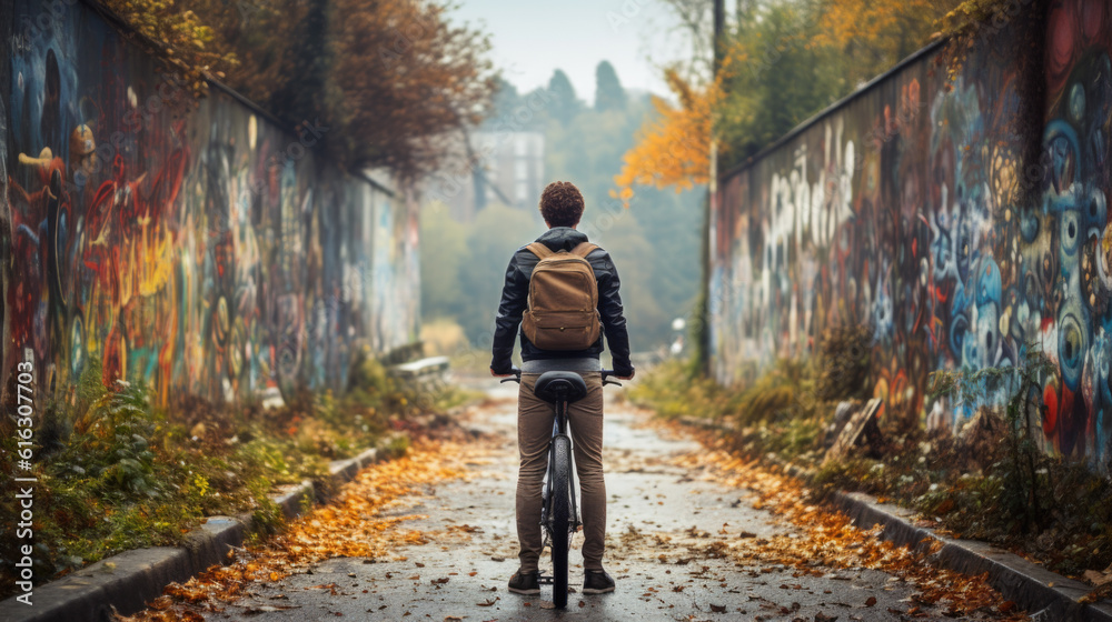 back view of a young man on a bicycle traveling on a deserted road. Generative AI