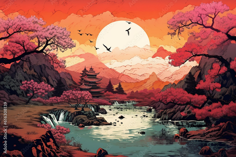 山間を流れる川と夕焼け（浮世絵風）：AI生成画像