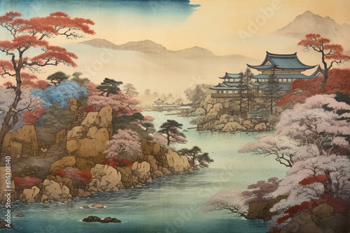 サクラが咲き乱れる川の風景（浮世絵風）：AI生成画像