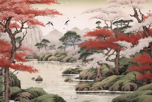 サクラが咲き乱れる湖の風景（浮世絵風）：AI生成画像