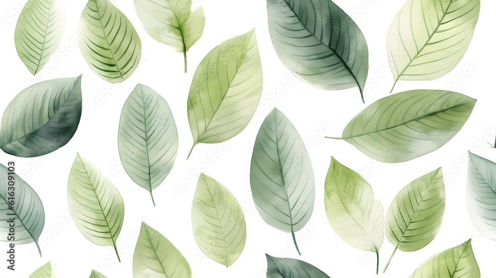 Green leaf watercolor painting pattern with white background. Infinite repeat. Making For card invitation, wide web banner, header website, banner, poster, presentation, poster, leaflet and many more