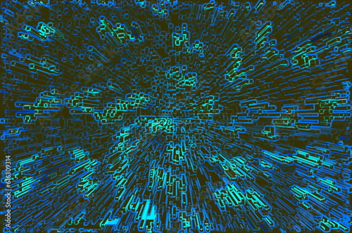 The abstract background consists of small fragments of turquoise color.
