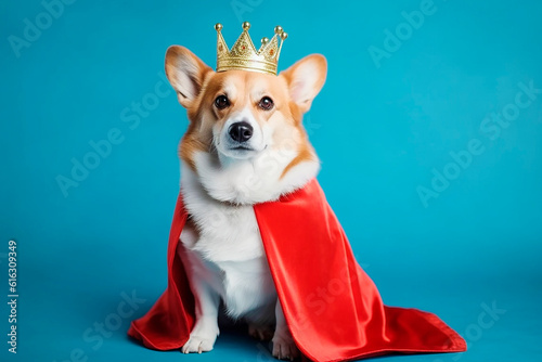 Corgi dog in a crown and a red mantle on a blue background. Horizontal banner.