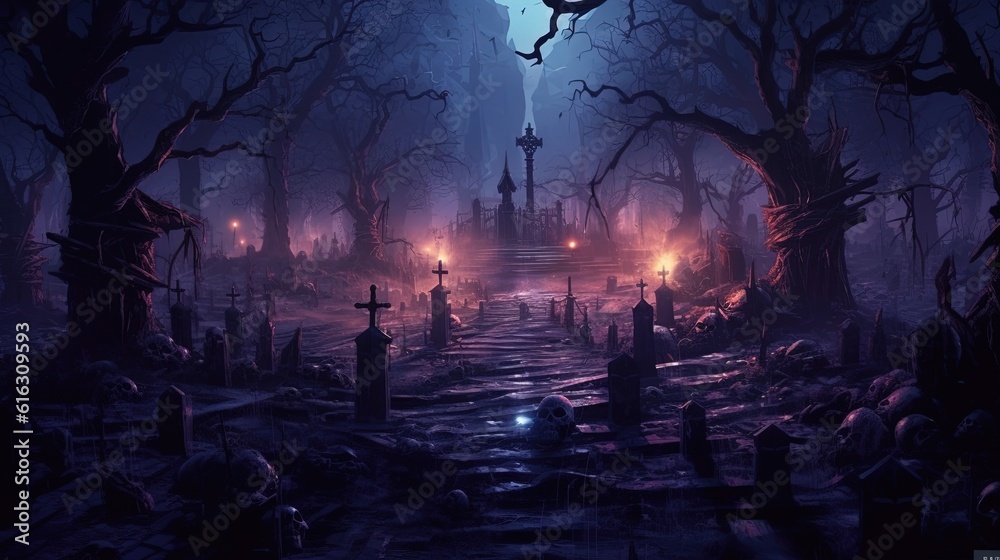 Fototapeta premium demonic graveyard, digital art illustration