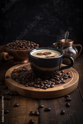 hot coffee with coffee beans on wood table 