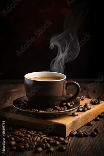hot coffee with coffee beans on wood table 