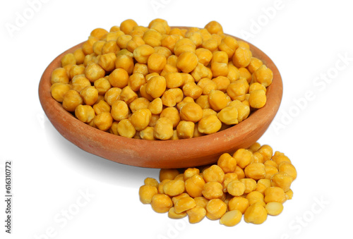 Chickpeas in soil bowl isolated on white background.