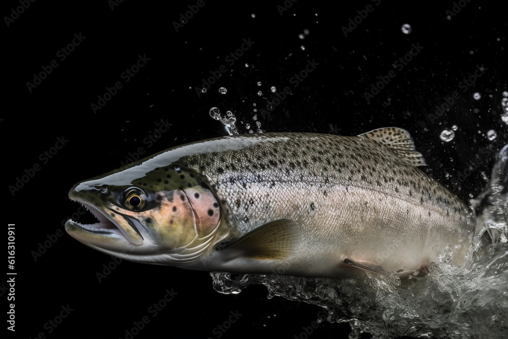 Salmon jumping out of the water on a black background. Underwater animals. Illustration, Generative AI. Salmon jumping out of the water on a black background. Underwater animals. Illustration, Generative AI.