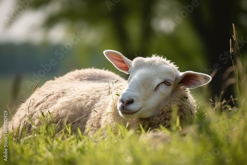 Image of young sheep resting on green pasture grass on summer. Farm animals. Illustration. Generative AI.