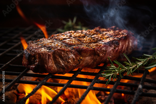 Rindersteak Rumpsteak auf Grill mit Flammen. Generative Ai.