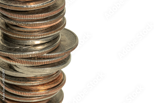 stack of loose change displaying a balance of funds concept on white background  (ID: 616312947)