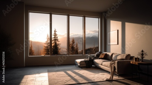 Living room decor, home interior design . Minimalism Mountain peak style with Golden hour decorated with Rocky and Clear blue material . Generative AI AIG26. photo