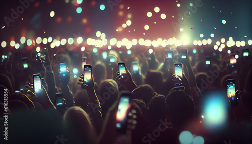 A crowd of people at a live event, concert or party holding hands and smartphones up . Large audience, crowd, or participants of a live event venue with bright lights above Ai generated image