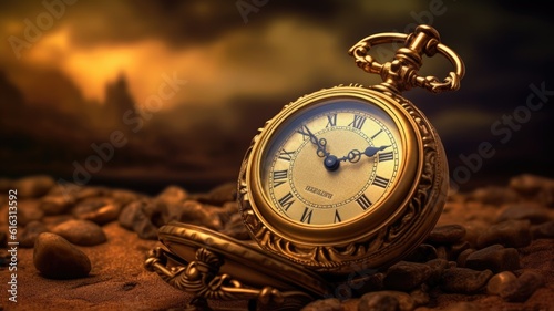 Old vintage clock ticking as concept of uncertainty future and past with imaginative surreal background. Picturesque generative AI