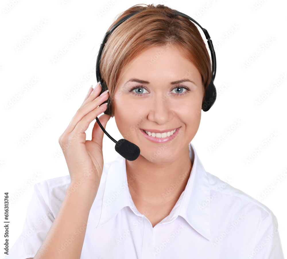 A customer service representative wearing a headset A customer service representative wearing a headset