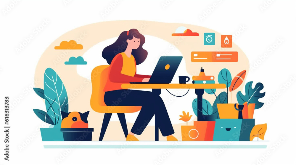 Girl In Front Of Laptop Computer With Headphones At Work Flat Illustration Girl In Front Of Laptop Computer With Headphones At Work Flat Illustration
