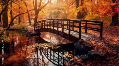 wooden bridge at autumn forest park