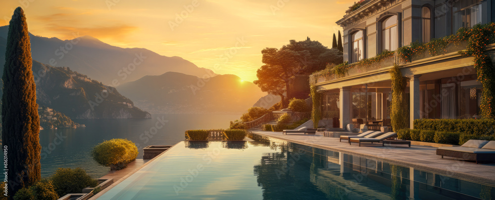 An ultra luxury home with a beautiful sunset view of Lake Como in Italy. Modern architecture with pool for a summer getaway vacation in paradise (generative AI) - obrazy, fototapety, plakaty 