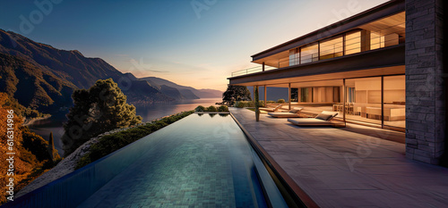 Luxury vacation home with a beautiful view of Lake Como in Italy. Modern architecture with pool for a summer vacation in paradise (generative AI) © jonathon