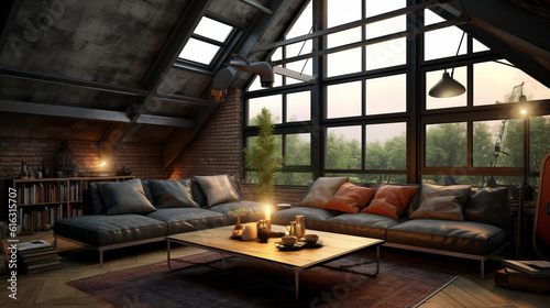Living Room Interior in loft industrial style , Mockups Design 3D, HD