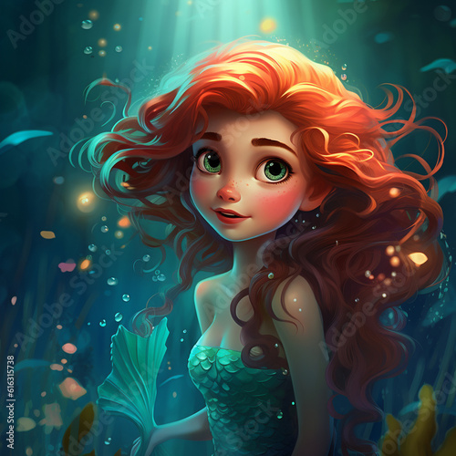 Generative AI Cute cartoon mermaid in the underwater world. Fantasy illustration.