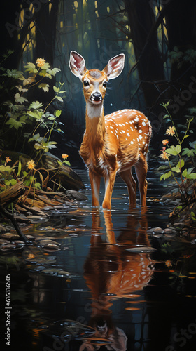 Generative AI Fawn in the forest with reflection in the water