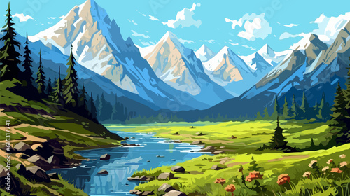 Beautiful landscape. Small river. Mountains on the horizon. Green meadow. Forest. Clear sky. Bright warm colors. The beauty of the nature. Landscape work of art. Vector illustration design.