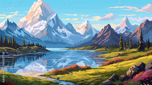 Beautiful landscape. Small river. Mountains on the horizon. Green meadow. Forest. Clear sky. Bright warm colors. The beauty of the nature. Landscape work of art. Vector illustration design.