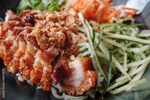 Selective focus at Cơm Heo Quay, Crispy Roasted Pork Belly with rice and vegetable. 