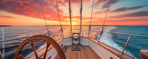 sailing ship on the sea with panoramic sunset photo