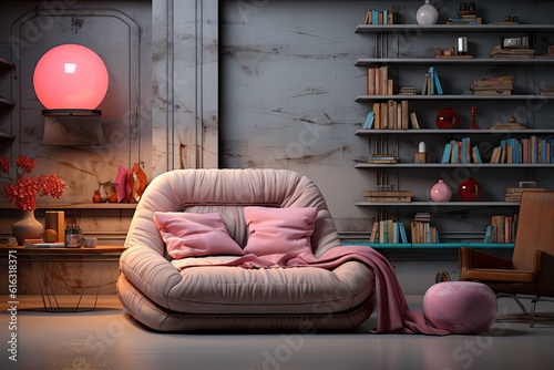 Mockup of a pink couch in a living room with bookshelf behind it, in the style of realism with surrealistic elements, luminous objects, abandoned spaces, romantic , bulbous, concrete. Generative AI. photo