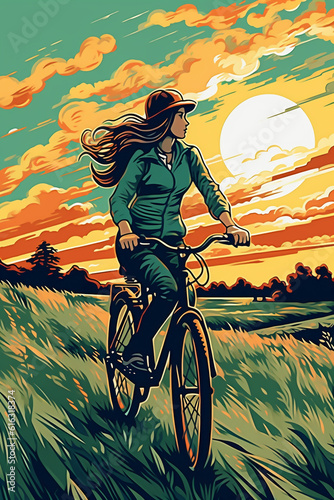 Irish girl riding a bicycle in the Irish countryside. AI generative