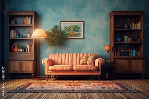 Mockup room with living room furniture, in the style of retro-style, realistic depiction of light, dark orange and blue, storybook illustration, vintage atmosphere, eye-catching detail. Generative AI photo