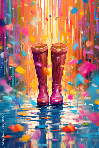 Zoom in on a pair of brightly colored rain boots splashing through puddles. AI generative